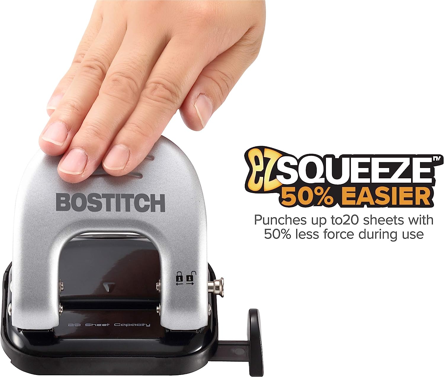 Bostitch Office EZ Squeeze Reduced Effort 2-Hole Punch, 20 Sheets, Locking Handle, Silver (2310) - Image 2